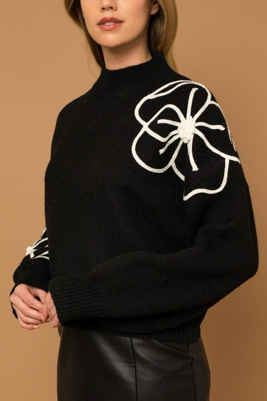 Timeless Flower Embroidery Mock Neck Sweater