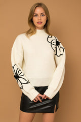 Timeless Flower Embroidery Mock Neck Sweater