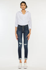 Dark Stone Wash High Rise Button Down Cuffed Ankle Skinny Jeans