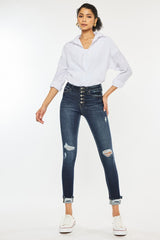 Dark Stone Wash High Rise Button Down Cuffed Ankle Skinny Jeans