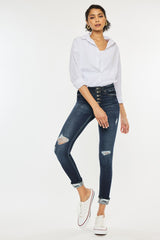 Dark Stone Wash High Rise Button Down Cuffed Ankle Skinny Jeans