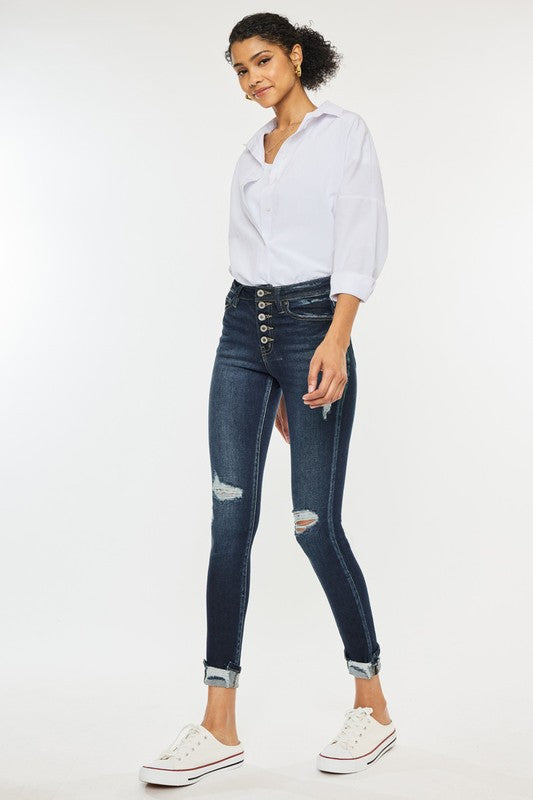 Dark Stone Wash High Rise Button Down Cuffed Ankle Skinny Jeans