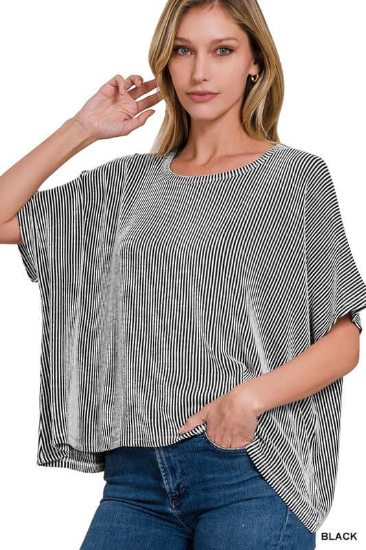 Ribbed Striped Oversized Short Sleeve Top, ZENANA, $ 25.00