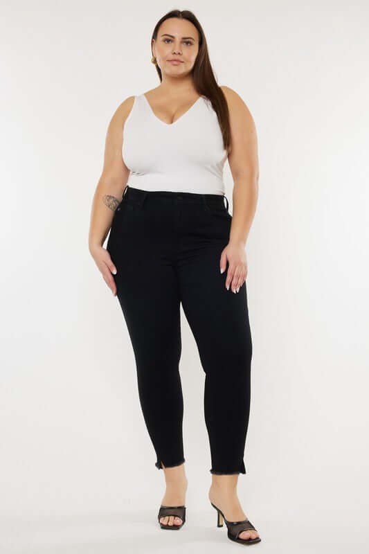 Plus Size Black High Rise Ankle Skinny Jeans, Kan Can USA, $ 73.95