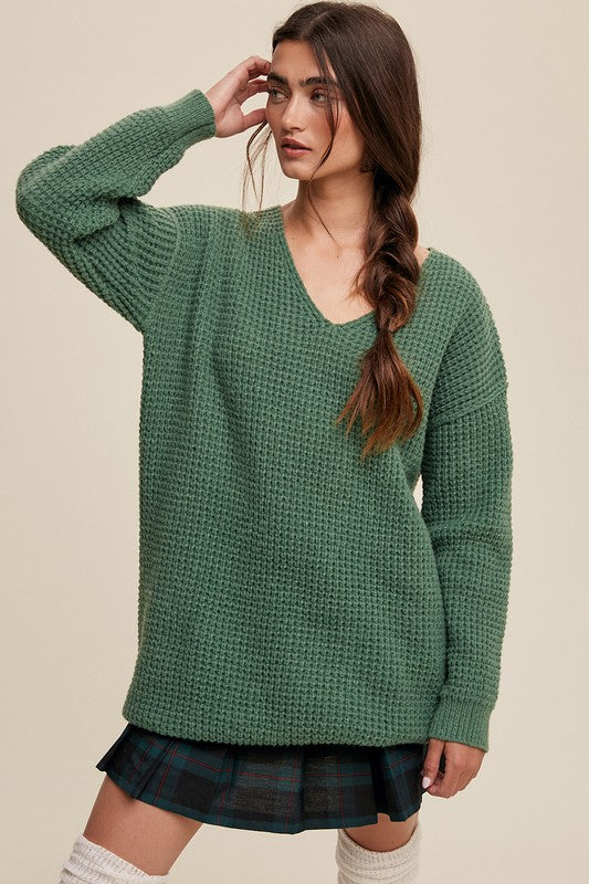 Shop Women's Slouchy V-neck Ribbed Knit Long Sweater in Orange / Green, Sweaters, USA Boutique