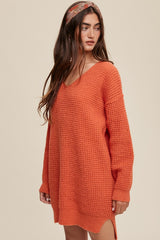 Shop Women's Slouchy V-neck Ribbed Knit Long Sweater in Orange / Green, Sweaters, USA Boutique