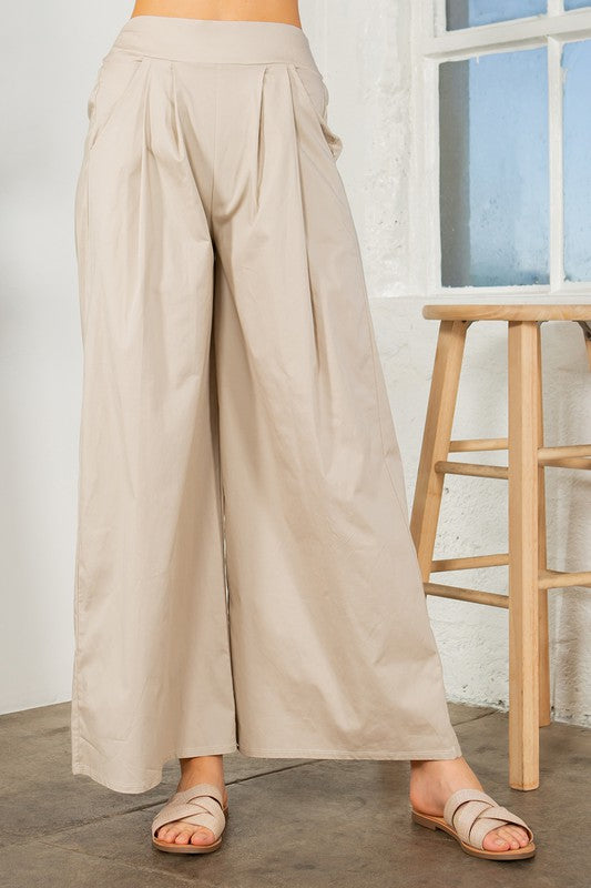Khaki Cotton Wide Leg Pants with Side Pockets