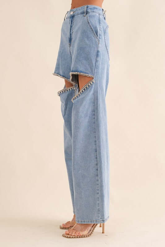 Light Blue Washed Denim Cut Front Rhinestone Jeans, Blue B, A Moment Of Now