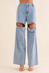 Light Blue Washed Denim Cut Front Rhinestone Jeans, Blue B, A Moment Of Now