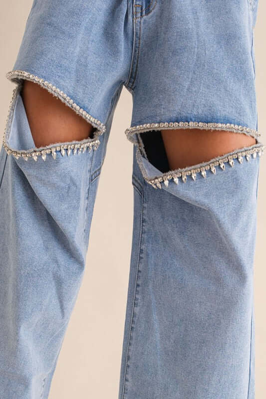 Light Blue Washed Denim Cut Front Rhinestone Jeans, Blue B, A Moment Of Now