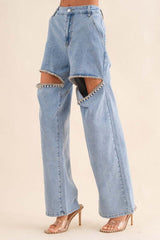 Light Blue Washed Denim Cut Front Rhinestone Jeans, Blue B, A Moment Of Now