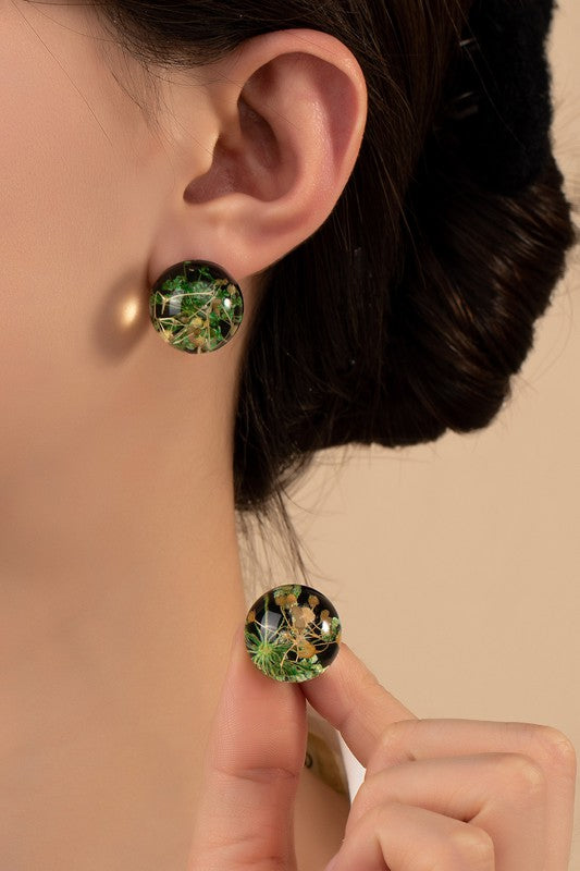Shop Handmade Green Dried Flowers Resin Ball Stud Earrings, Earrings, USA Boutique