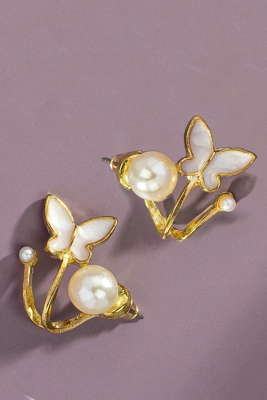 Gold Plated Butterfly Faux Pearl Stud Cuff Earrings