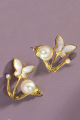 Gold Plated Butterfly Faux Pearl Stud Cuff Earrings