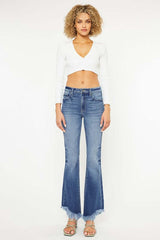 Medium Blue Wash High Rise Frayed Hem Bootcut Jeans, Kan Can USA, $ 82.95