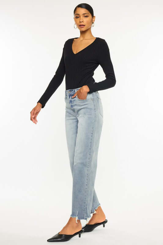 Light Blue High Rise Slim Wide Leg Jeans, Kan Can USA, $ 73.95