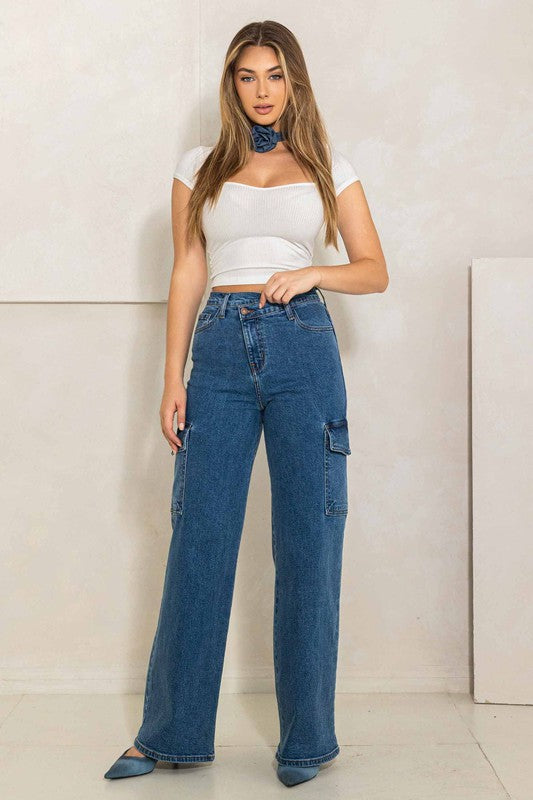 Shop Shop Women's High Rise Crossed Waist Cargo Wide Leg Jeans , Jeans, USA Boutique