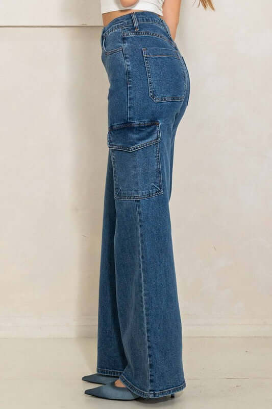 Shop Shop Women's High Rise Crossed Waist Cargo Wide Leg Jeans , Jeans, USA Boutique