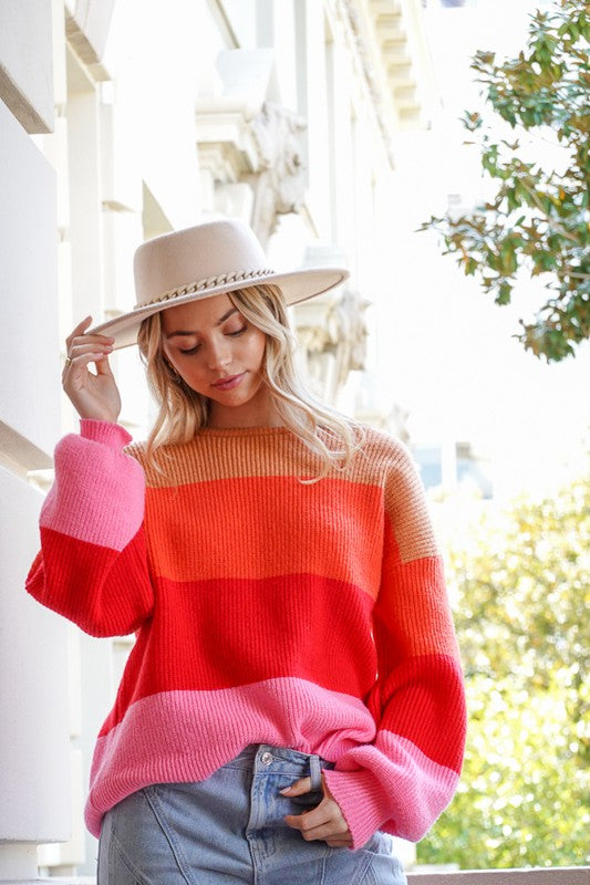 Bold Rainbow Stripe Oversized Chunky Knit Pullover, TIMING, $ 65.00