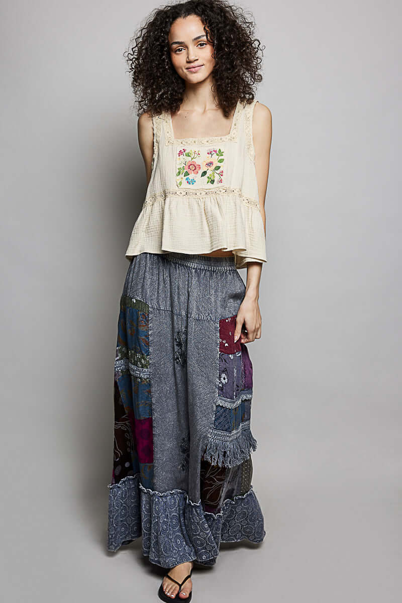 POL Charcoal Printed Patchwork Embroidered Ruffled Maxi Skirt, Skirts, $ 69.00, A Moment Of Now™