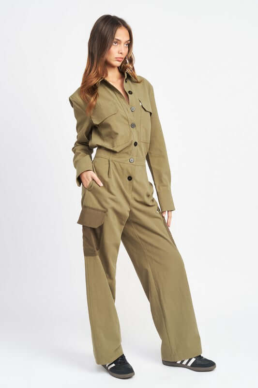 Shop Women's Green Button Down Cargo Jumpsuit | Clothing Boutique, Jumpsuits & Rompers, USA Boutique