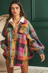 Women's Loose Fit Buttoned Down Check Shirt Jacket Plaid Shacket, BiBi, $ 55.00