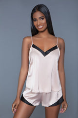 Natalie Satin Cami & Shorts Pajamas Set - Beige