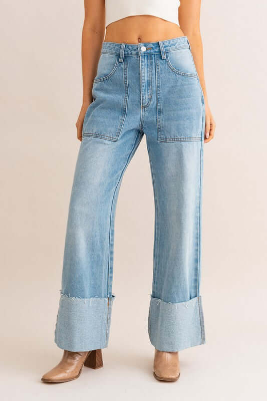 Light Denim High-Waisted Wide Leg Cuffed Jeans