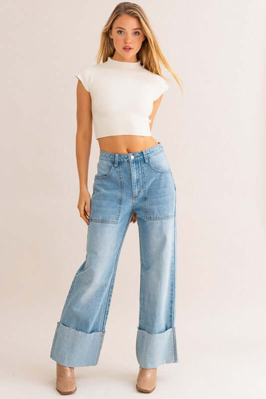 Light Denim High-Waisted Wide Leg Cuffed Jeans