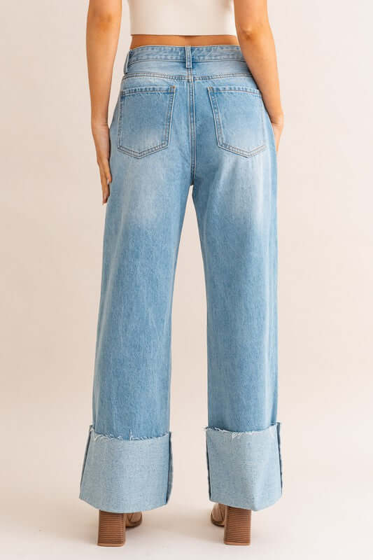 Light Denim High-Waisted Wide Leg Cuffed Jeans