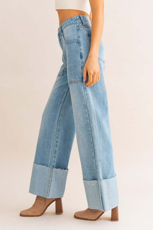 Light Denim High-Waisted Wide Leg Cuffed Jeans