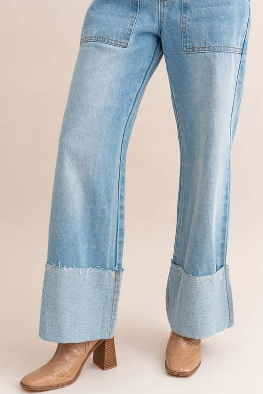 Light Denim High-Waisted Wide Leg Cuffed Jeans