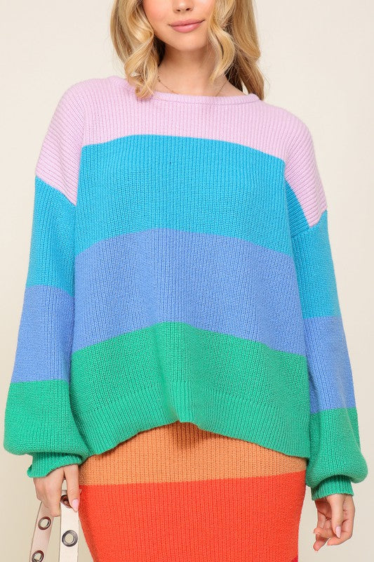 Bold Rainbow Stripe Oversized Chunky Knit Pullover, TIMING, $ 65.00