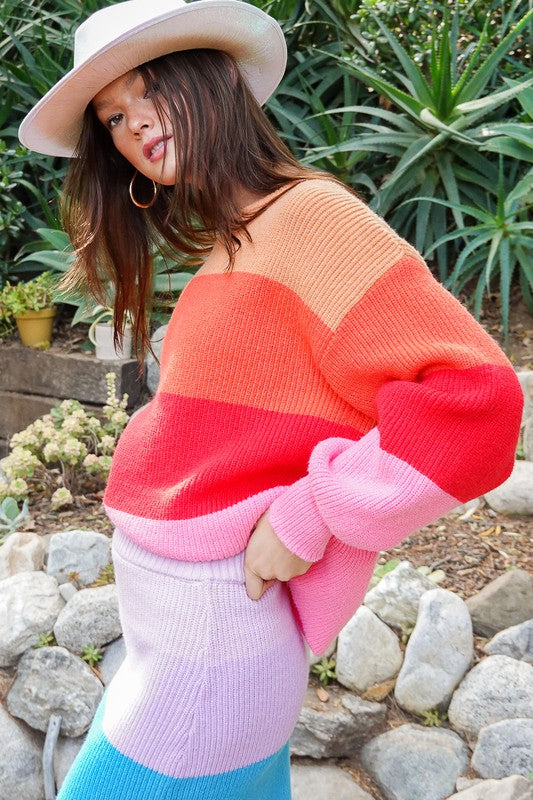 Bold Rainbow Stripe Oversized Chunky Knit Pullover, TIMING, $ 65.00