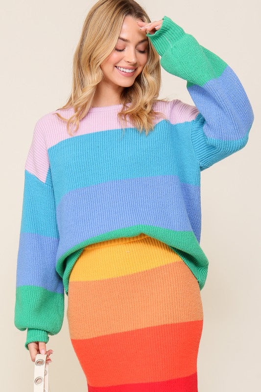 Bold Rainbow Stripe Oversized Chunky Knit Pullover, TIMING, $ 65.00