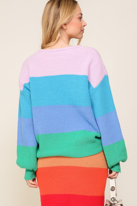 Bold Rainbow Stripe Oversized Chunky Knit Pullover, TIMING, $ 65.00