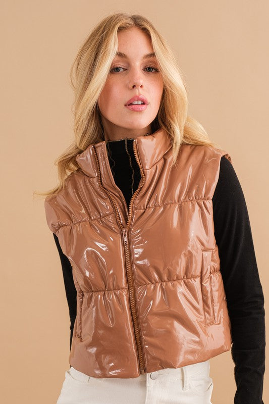Shop Women's Gloss Shiny PU Quilted Puffer Zip Up Crop Vest , Puffer Vests, USA Boutique
