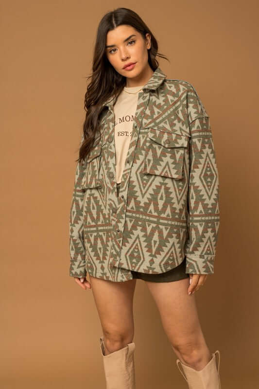 3D Pocket Aztec Print Shacket Jacket