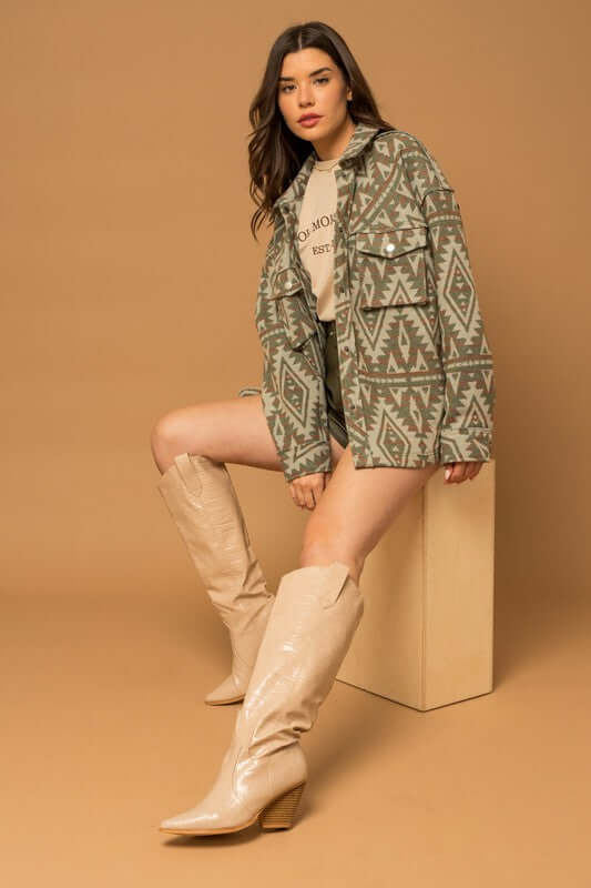 3D Pocket Aztec Print Shacket Jacket