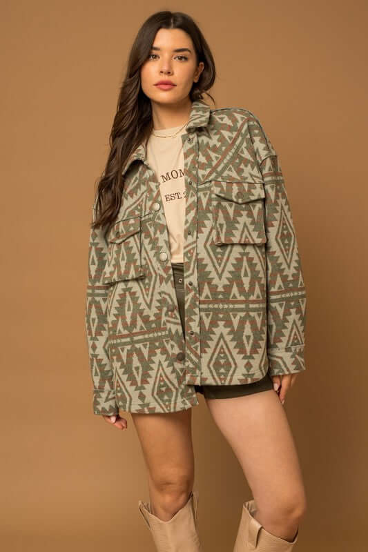 3D Pocket Aztec Print Shacket Jacket