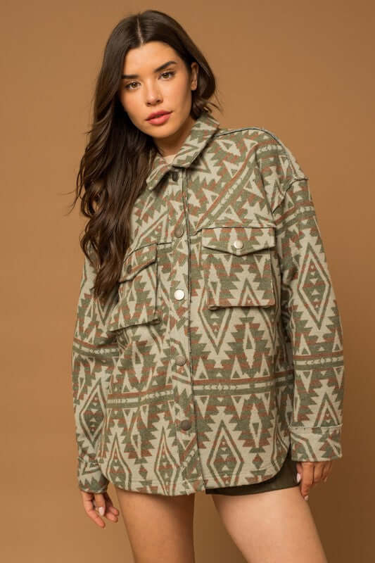 3D Pocket Aztec Print Shacket Jacket