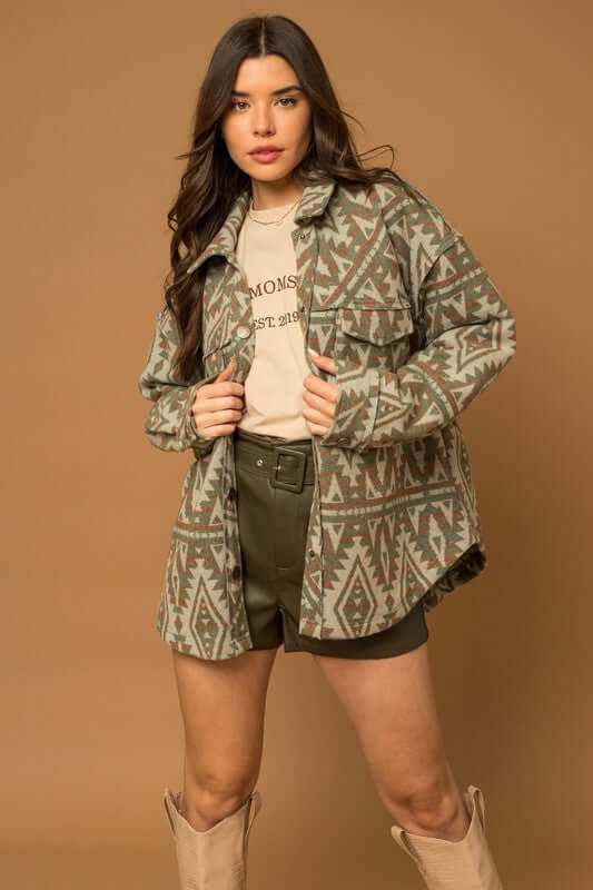 3D Pocket Aztec Print Shacket Jacket