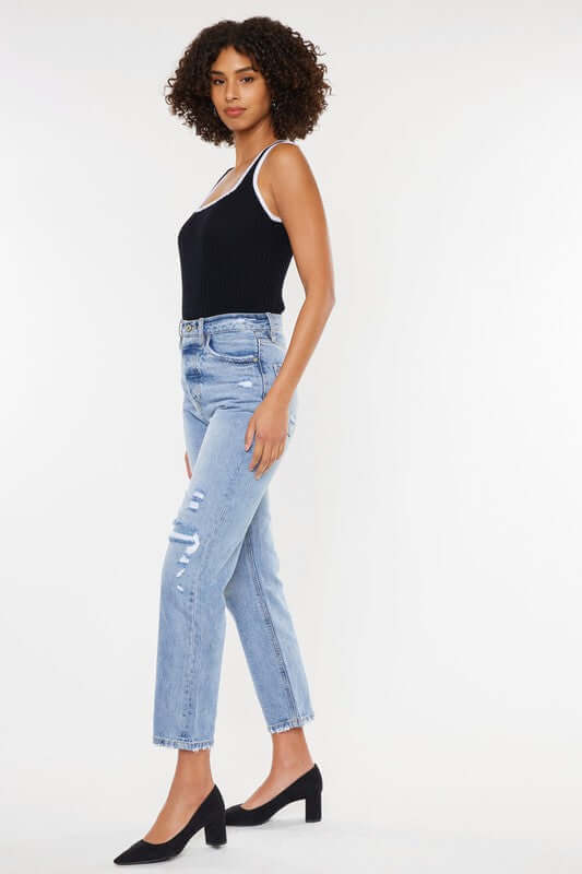 Light Blue High Rise 90's Boyfriend Jeans, Kan Can USA, $ 67.95