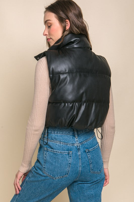 Super Cute PU Faux Leather Puffer Vest With Snap Button