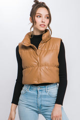 Super Cute PU Faux Leather Puffer Vest With Snap Button