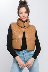 Super Cute PU Faux Leather Puffer Vest With Snap Button