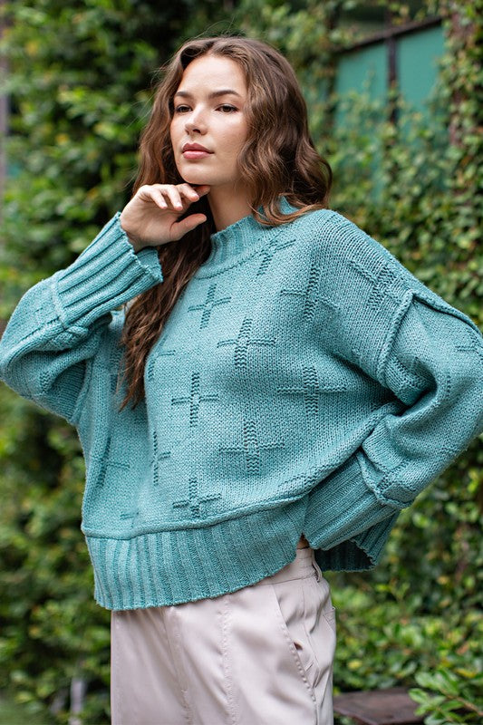 Shop Green / White Cross Pattern Turtle Neck Knit Top Sweater For Women, Sweaters, USA Boutique