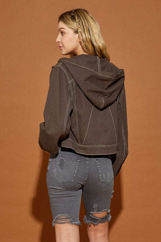 Shop Women's Hoodie Denim Jacket Light Dark Brown | Shop Online Boutique , Jackets, USA Boutique
