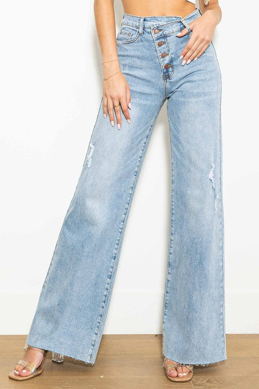 Shop Shop Women's Denim Criss Cross High Waisted Wide Leg Jeans, Jeans, USA Boutique