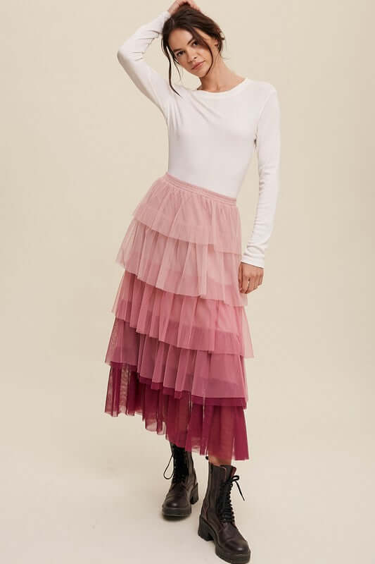 Gradient Style Tiered Mesh Maxi Skirt, Listicle, A Moment Of Now